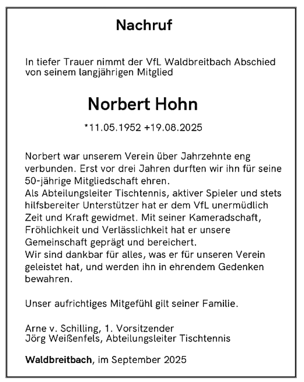 Nachruf Norbert Hohn
