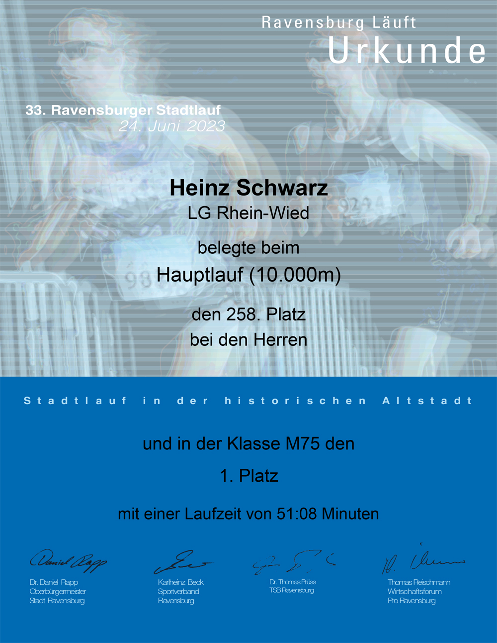 Urkunde Heinz Schwarz Ravensburg 10 km 2023