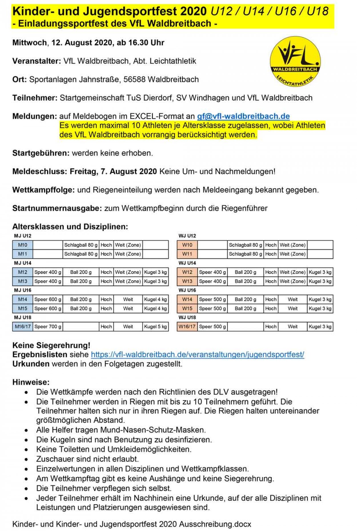 Ausschreibung Kinder- und Jugendsportfest 2020